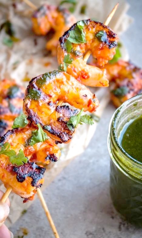 Grilled Harissa Shrimp Skewers with Basil Oil and Cilantro