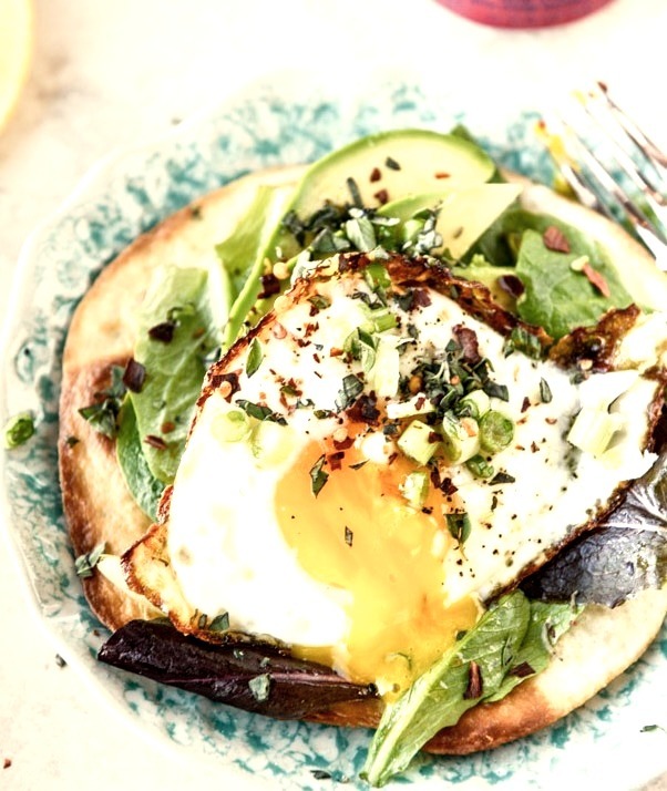 Fried Egg Crispy Tortillas with Lemon Greens and Toasted Sesame Oil